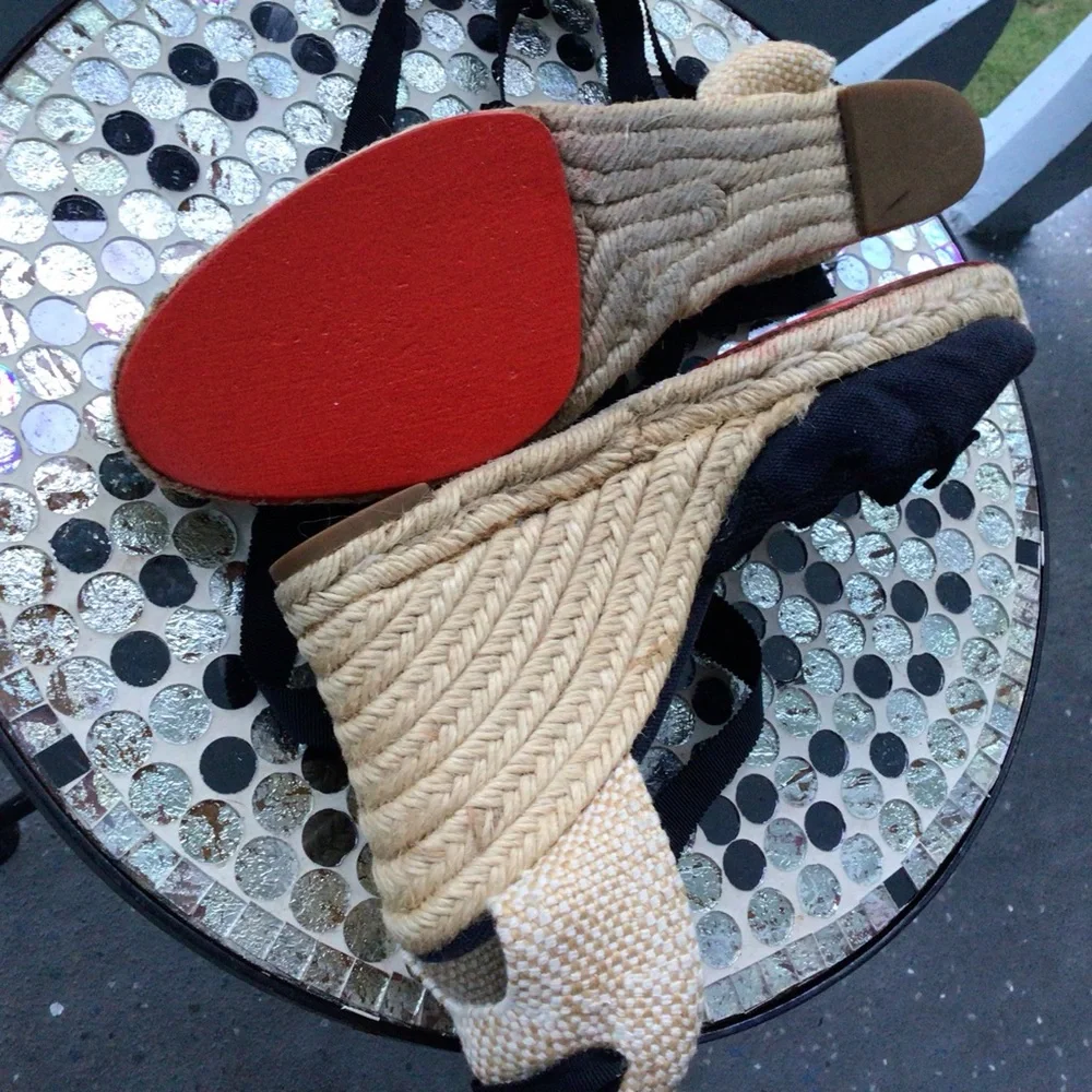 Christian Louboutin Black and Navy Espadrille Wedge Ankle Wrap Ribbon Sandals